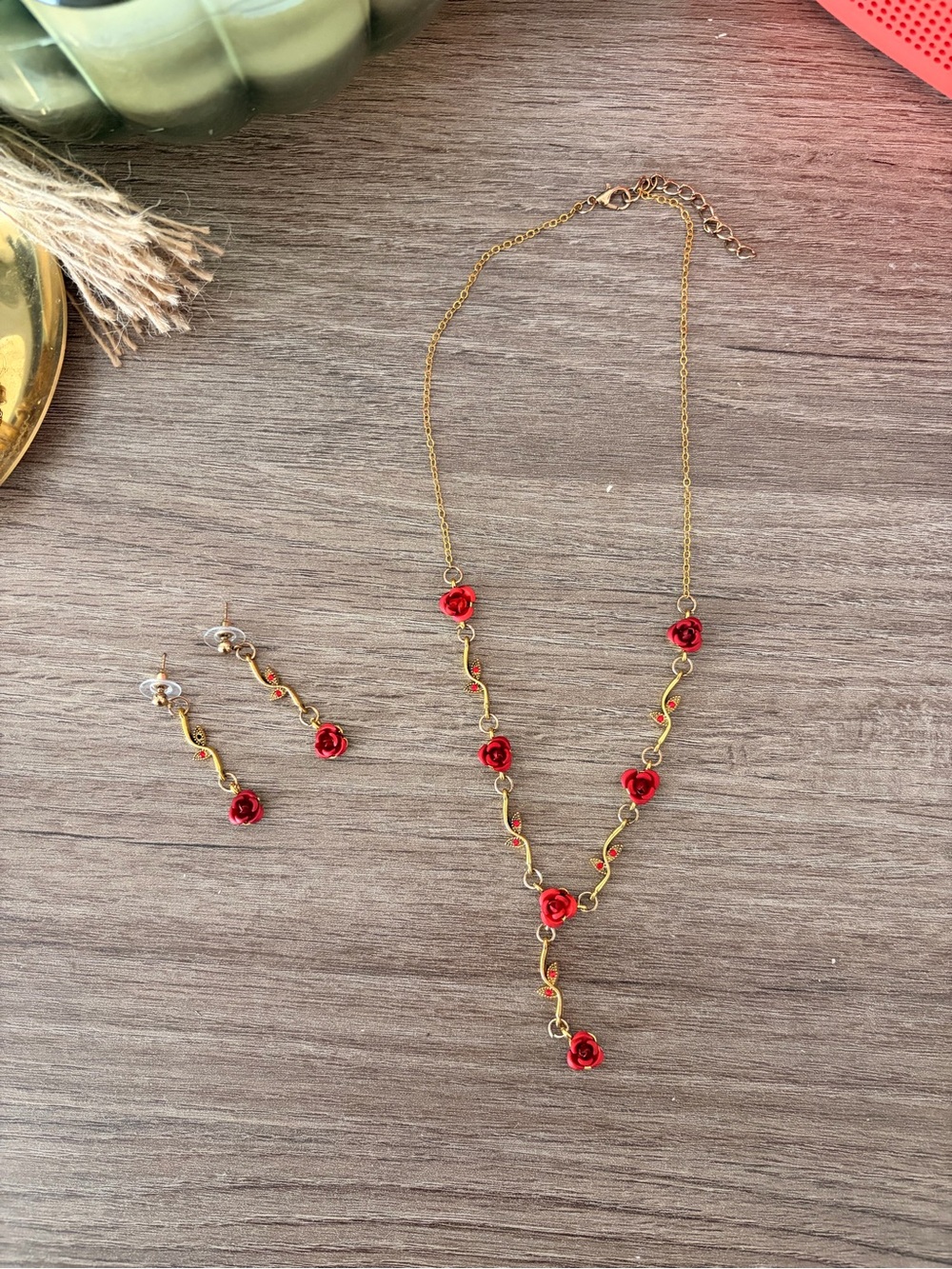 Gold-Tone Necklace and Earring Set with Red Rose Accents - Women Jewelry